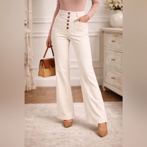 House of Harlow 1960 Pants - House of Harlow 1960 Cream Ribbed Wide Pants Size 6 High Rise Button Front
